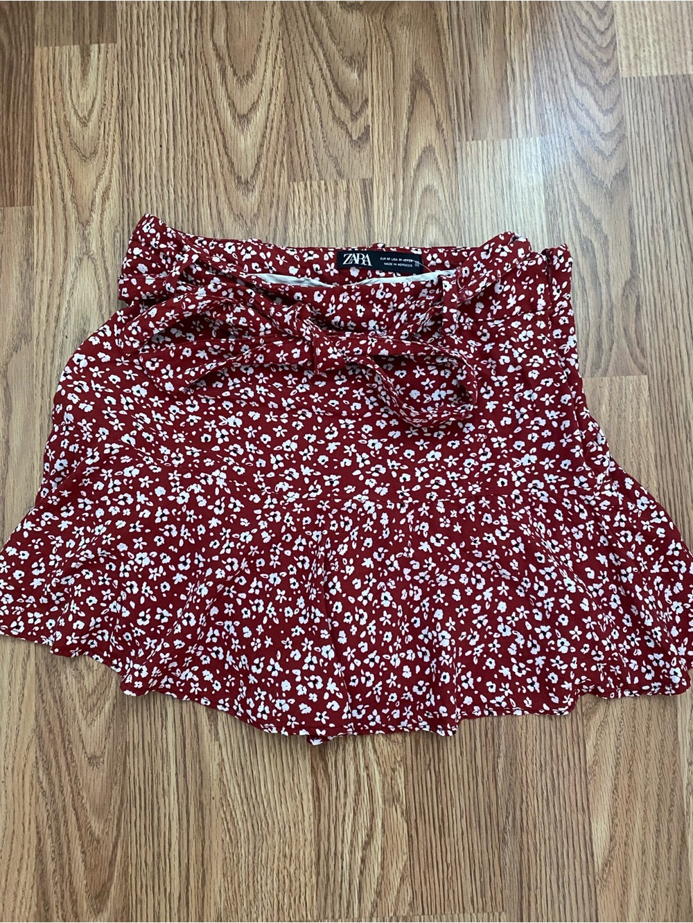 Zara Red Floral Tie-Waist Skater Skirt